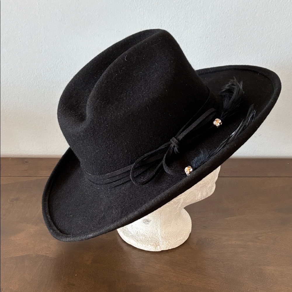 Black Liz Claiborne wool cowboy hat with feather.